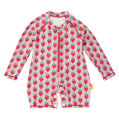 Kids long sleeve one piece sunsuit in a pink strawberry sundae print with a red front zipper closure.