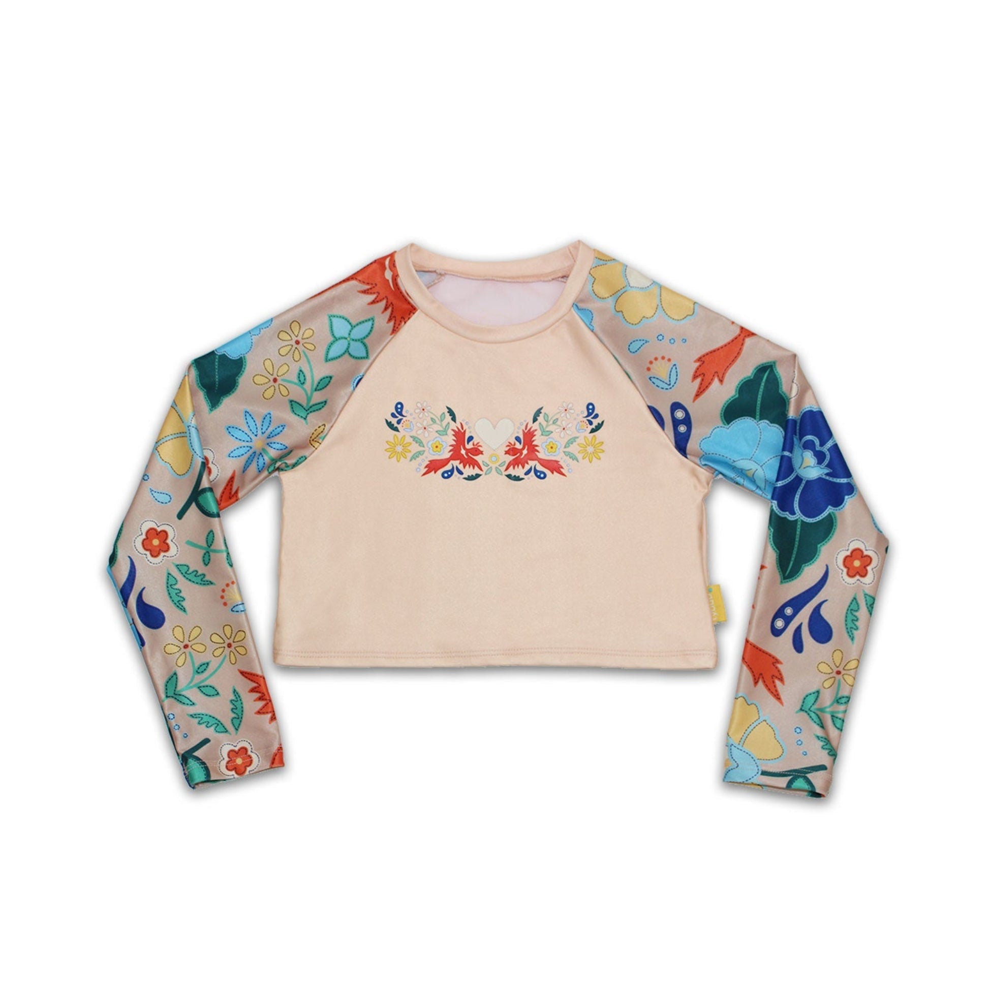 Kids long sleeved cropped rash vest in vanilla cream with floral phoenix chest print and pattern raglan sleeves.
