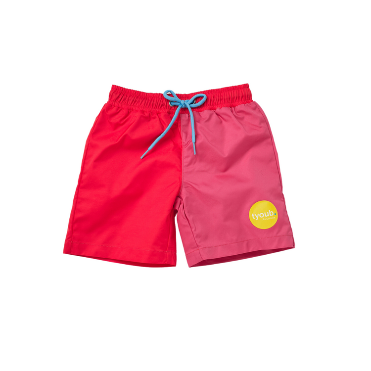 Tyoub kids quick dry board shorts in Raspberry Ripe two-tone pink color block with adjustable drawstring waist.