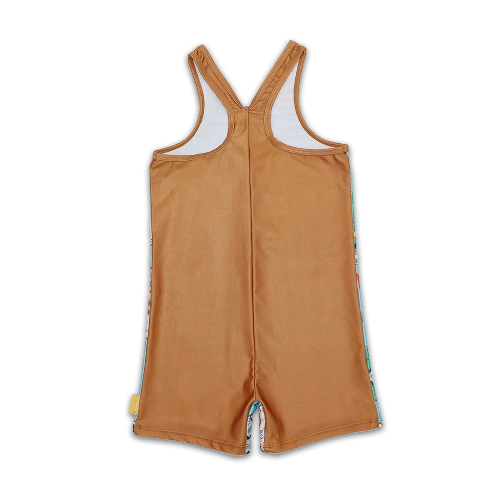 Kids racerback kneesuit swimsuit featuring an aqua blue sugar skull Calaveras print showing terracotta back.