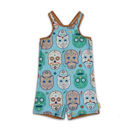 Kids racerback kneesuit swimsuit featuring an aqua blue sugar skull Calaveras print with terracotta trim.