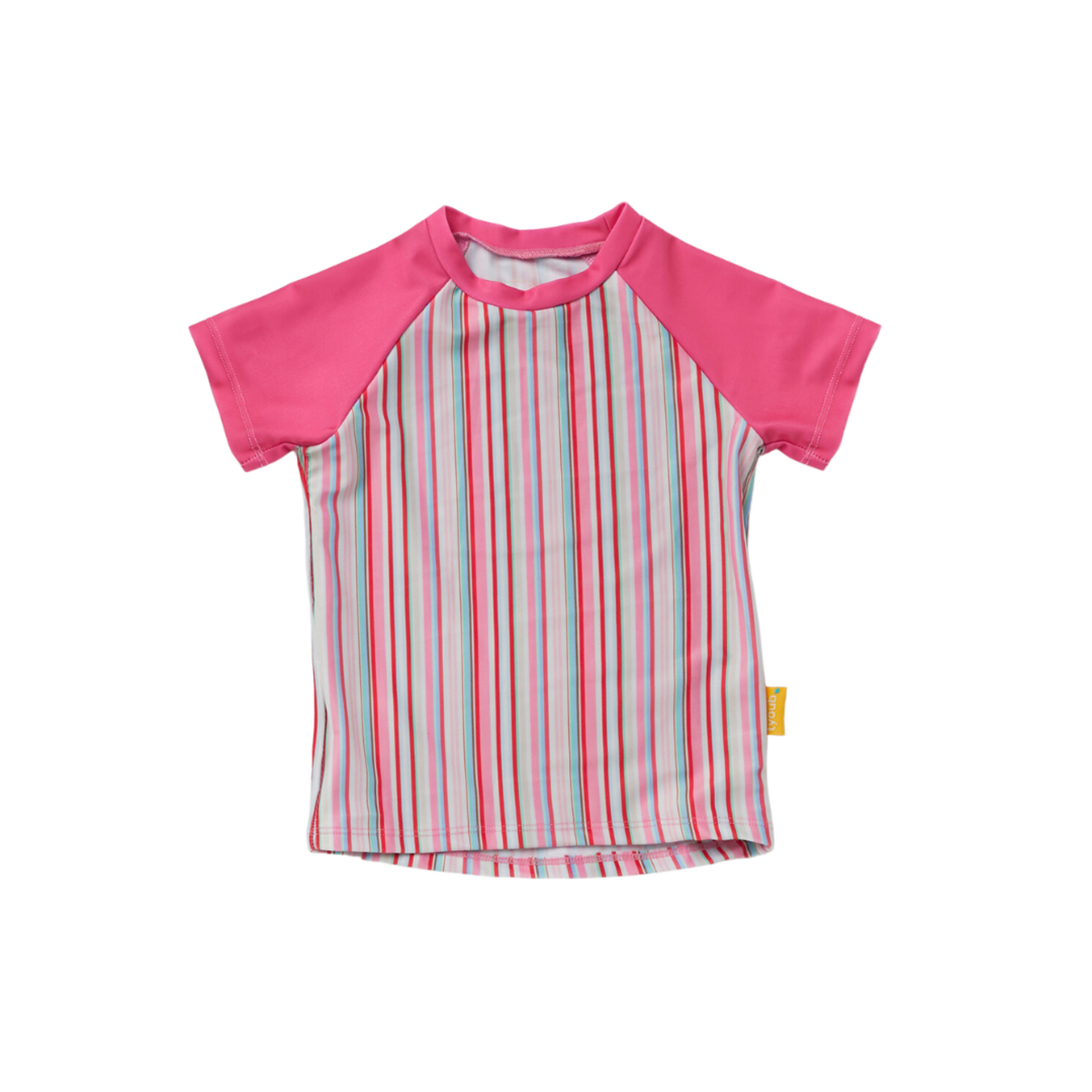 Kids short sleeve rash vest in gelato pink and white stripes with pink raglan sleeves.