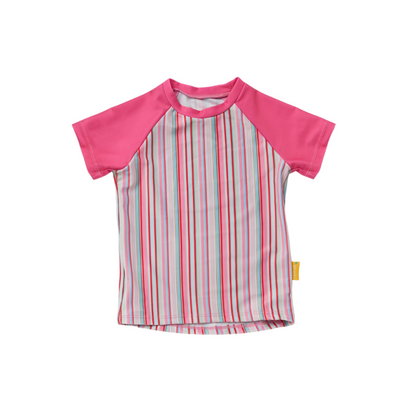 Kids short sleeve rash vest in gelato pink and white stripes with pink raglan sleeves.