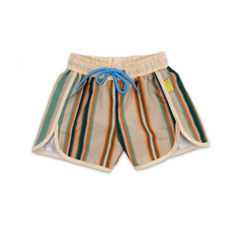 Tyoub kids recycled swim shorts in retro 70s style serape stripe design, front view, designed in Australia.
