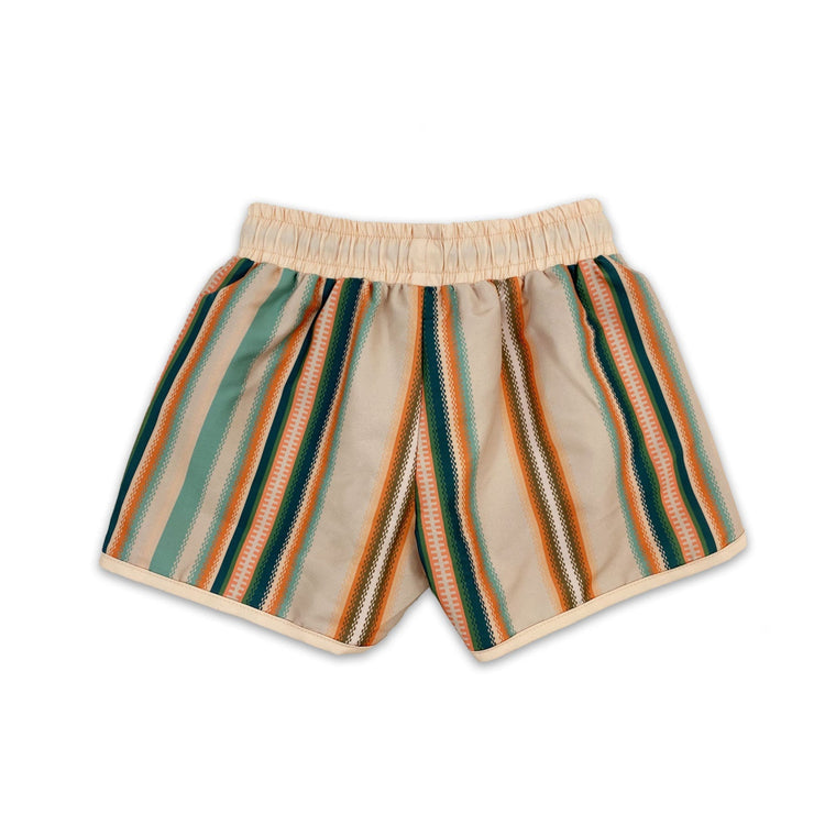 Tyoub kids recycled swim shorts in retro 70s style serape stripe design, back view, designed in Australia.