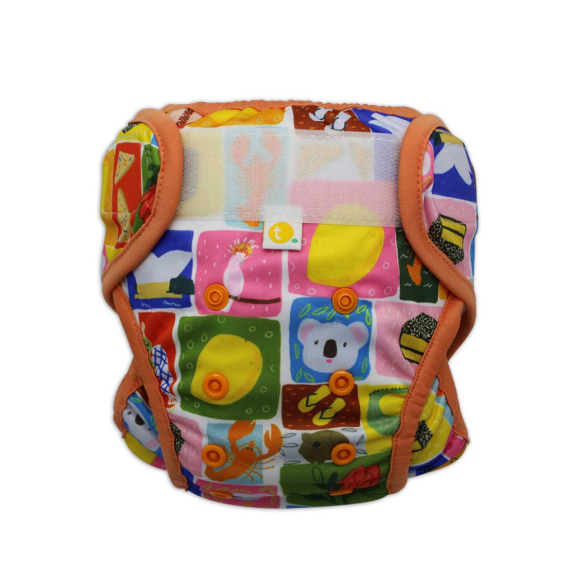 Close-up of adjustable front snaps and leakproof double leg gusset on Aussie icons swim nappy.