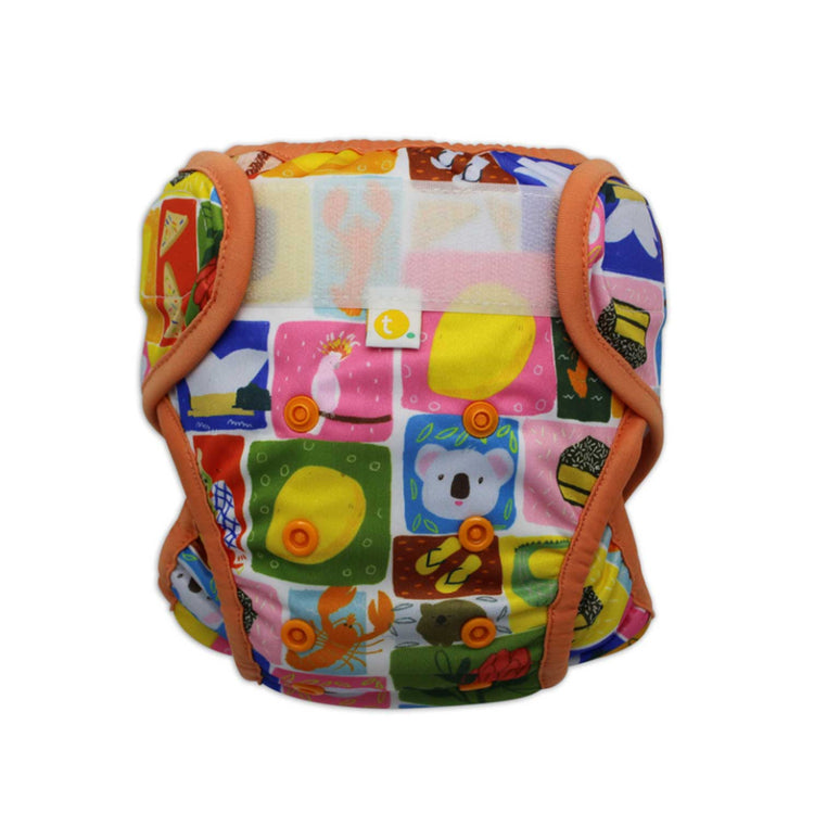 Close-up of adjustable front snaps and leakproof double leg gusset on Aussie icons swim nappy.
