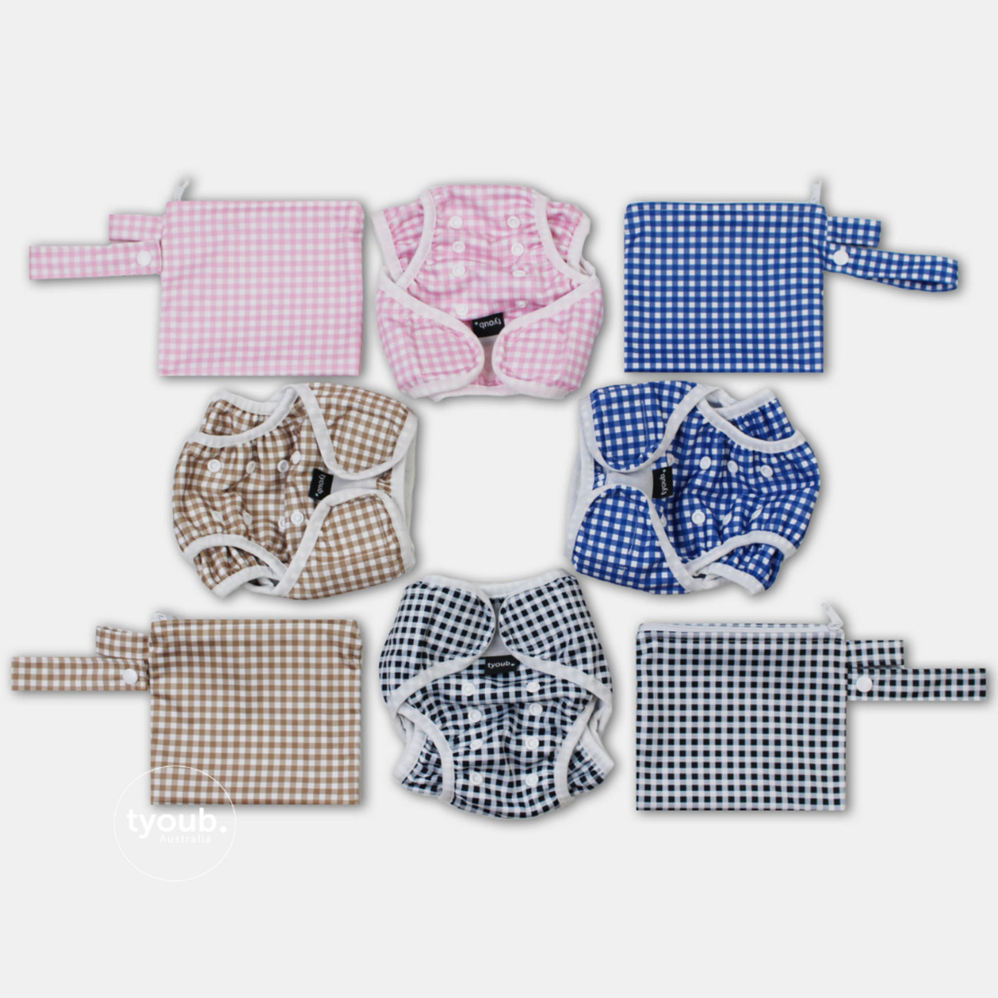 Reusable swim nappy and matching wet bag set in gingham showing four variants.