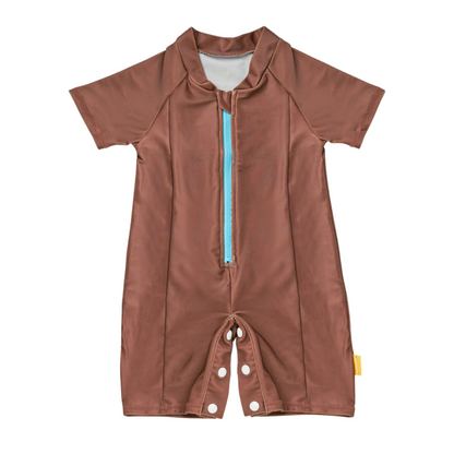 Toddler short sleeve explorer sunsuit in bear on the beach print with a protective front zip garage.