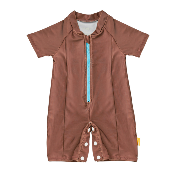 Toddler short sleeve explorer sunsuit in bear on the beach print with a protective front zip garage.