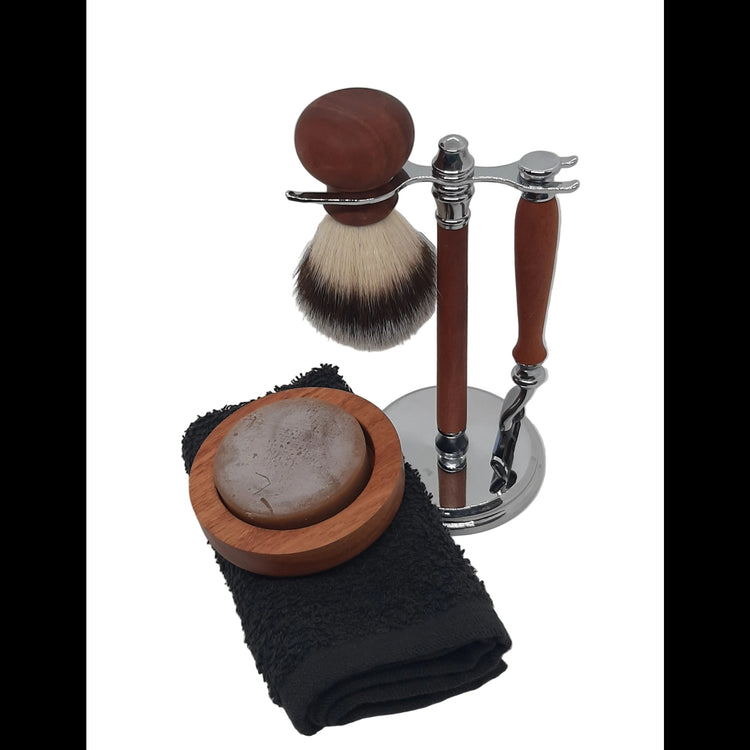 The ultimate 6-piece men's grooming kit featuring a recycled timber Gillette Mach III razor, shave brush, display stand, soap dish, Australian shave soap, and face washer.