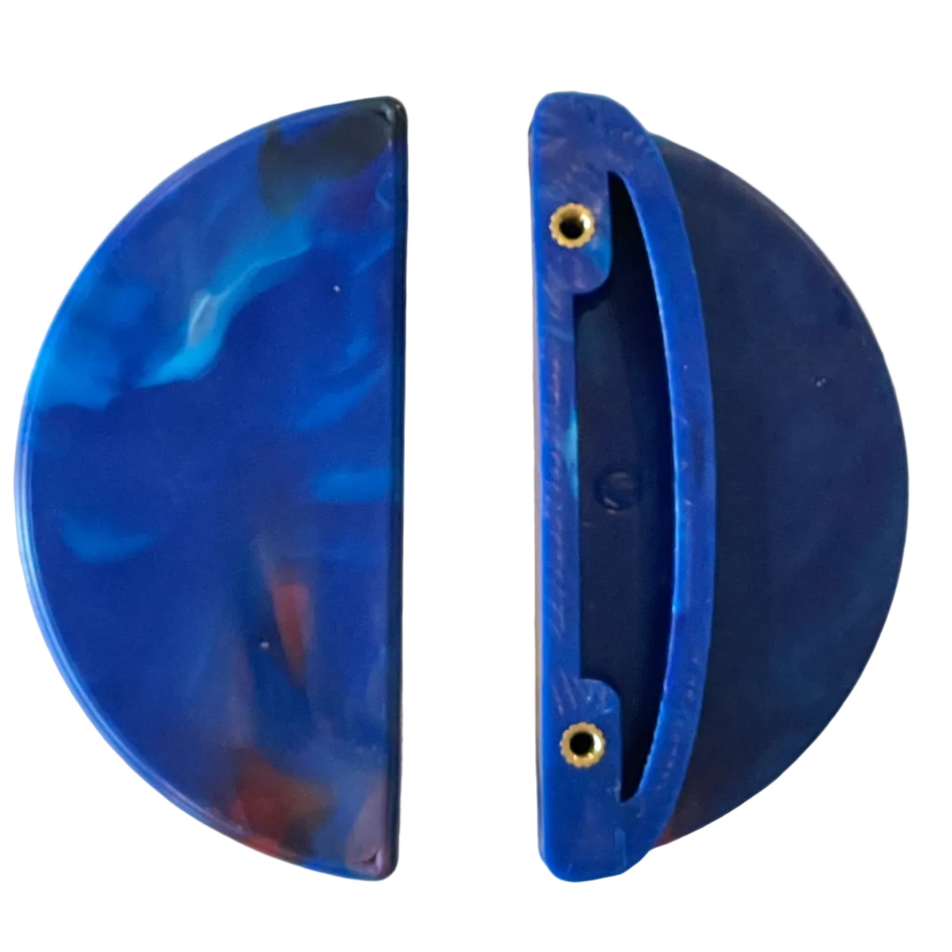 Pair of Upcycler recycled plastic semi circle cabinet handles showing both front and back with fittings.