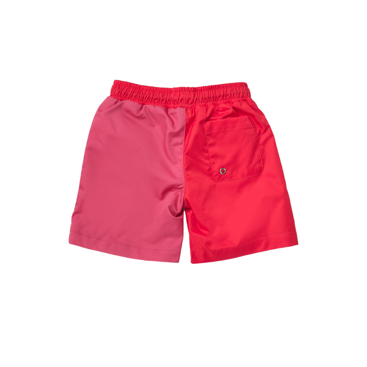 Back view of the UPF 50+ kids quick dry board shorts showcasing rear coverage and lightweight recycled fabric.