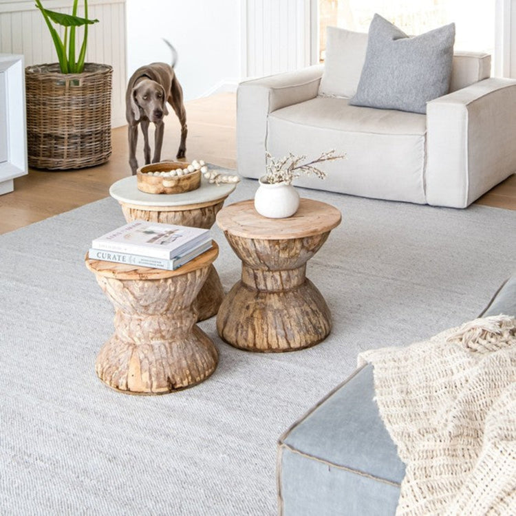 Zebra Home Bates mould and fade resistant ivory outdoor rug styled beneath rustic timber stools in a bright open-plan living space.