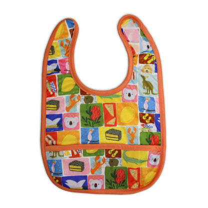 Lightweight waterproof baby bib in Aussie icons with an integrated crumb catch-all front pocket.