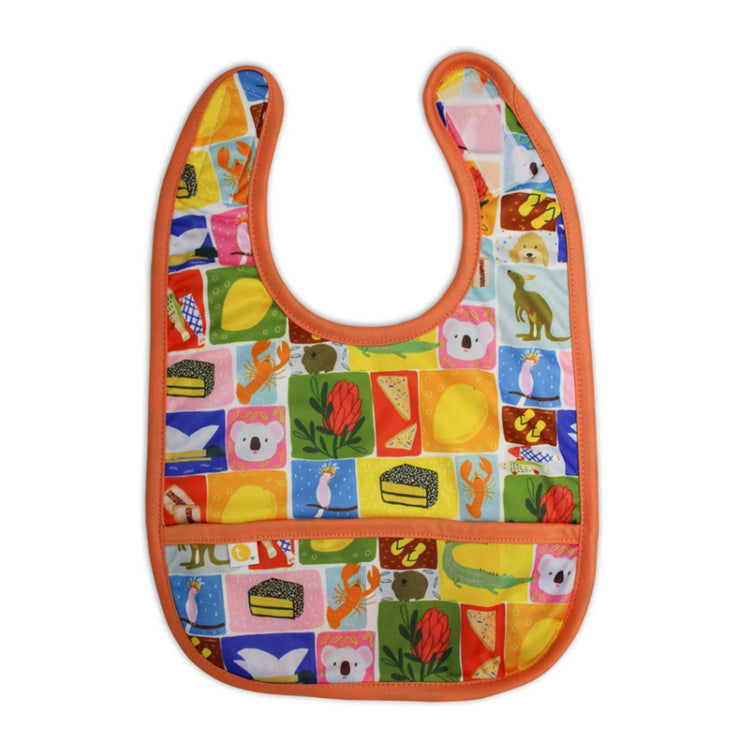Lightweight waterproof baby bib in Aussie icons with an integrated crumb catch-all front pocket.