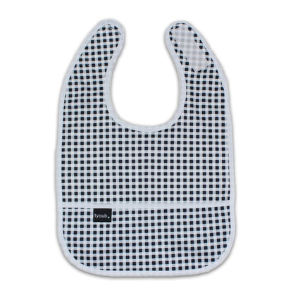 Lightweight waterproof baby bib in black check with an integrated crumb catch-all front pocket.