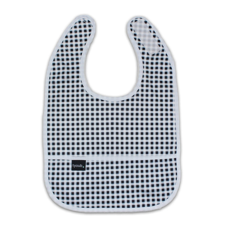 Lightweight waterproof baby bib in black check with an integrated crumb catch-all front pocket.