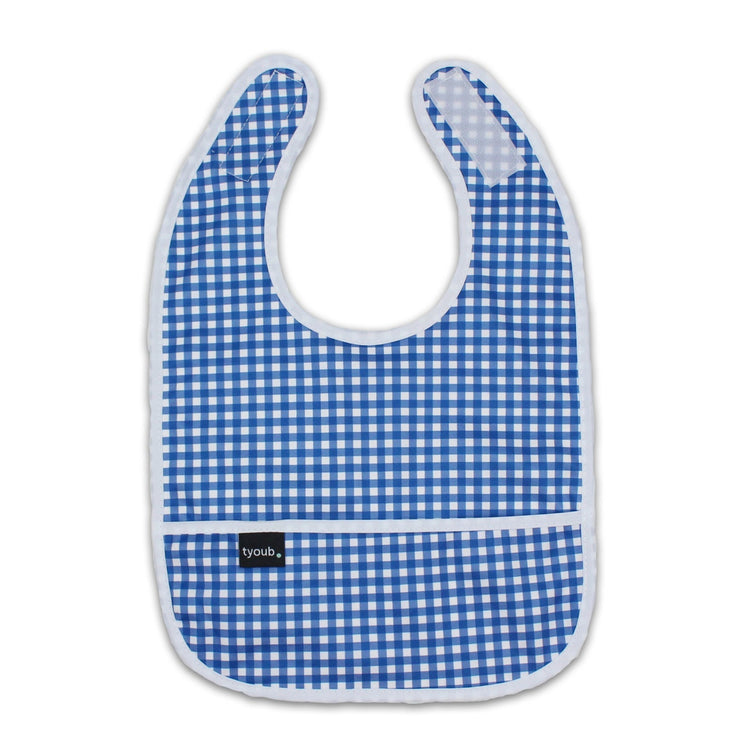 Lightweight waterproof baby bib in blue check with an integrated crumb catch-all front pocket.