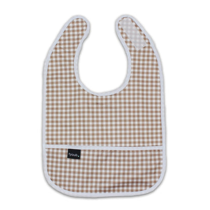 Lightweight waterproof baby bib in fawn check with an integrated crumb catch-all front pocket.