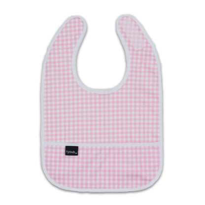 Lightweight waterproof baby bib in pink check with an integrated crumb catch-all front pocket.