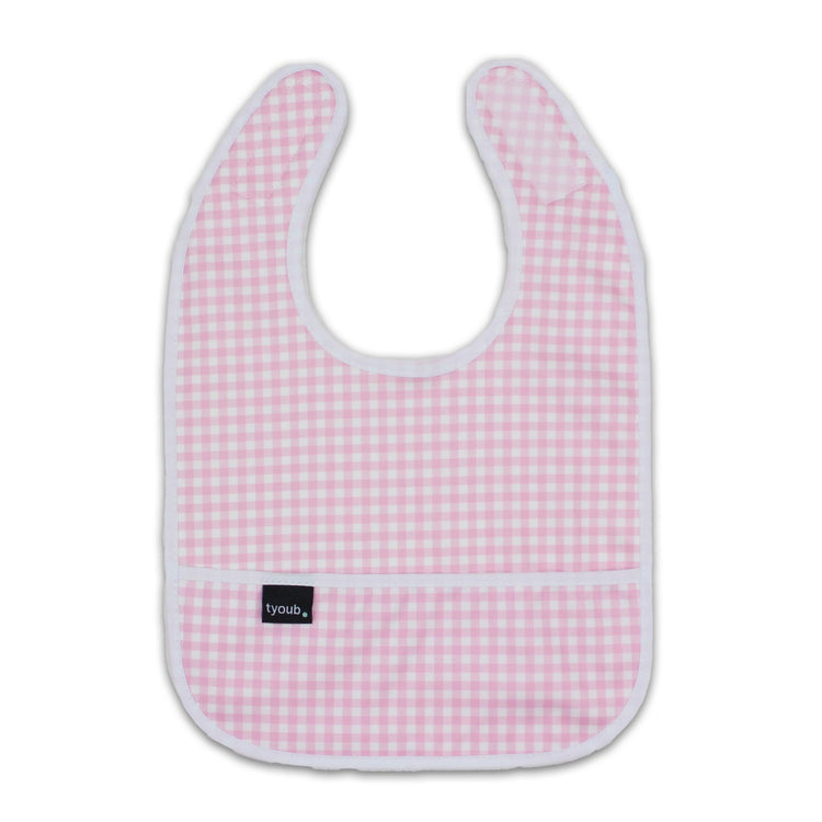 Lightweight waterproof baby bib in pink check with an integrated crumb catch-all front pocket.