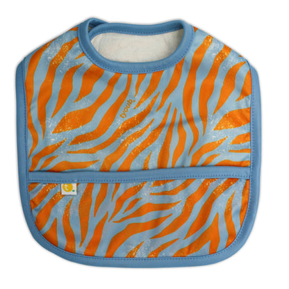 Lightweight waterproof baby bib in Tiger blue orange with an integrated crumb catch-all front pocket closed.