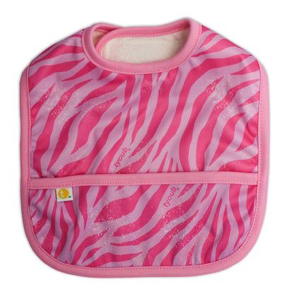 Lightweight waterproof baby bib in Tiger pink with an integrated crumb catch-all front pocket closed.