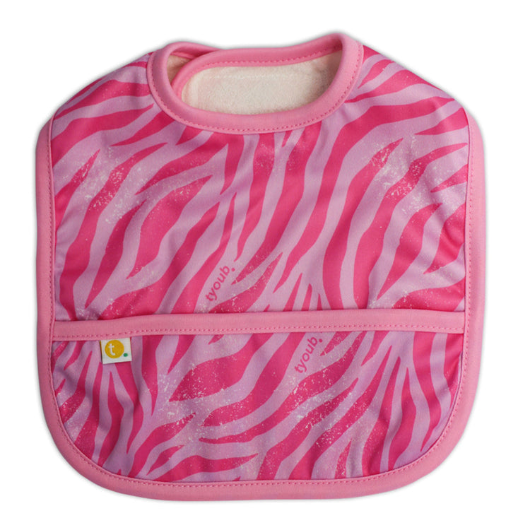 Lightweight waterproof baby bib in Tiger pink with an integrated crumb catch-all front pocket closed.