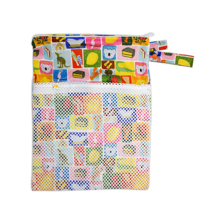 Waterproof baby travel wet bag in Aussie icons print, featuring a secure zipper and snap pram loop.