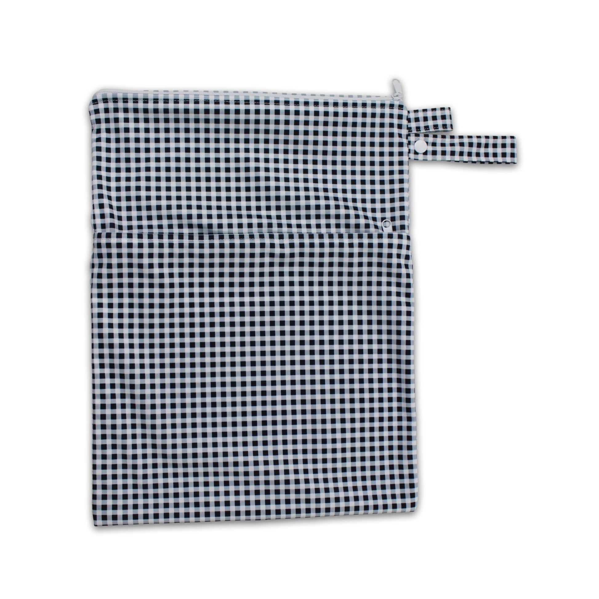 Waterproof baby travel wet bag in black check print, featuring a secure zipper and snap pram loop.