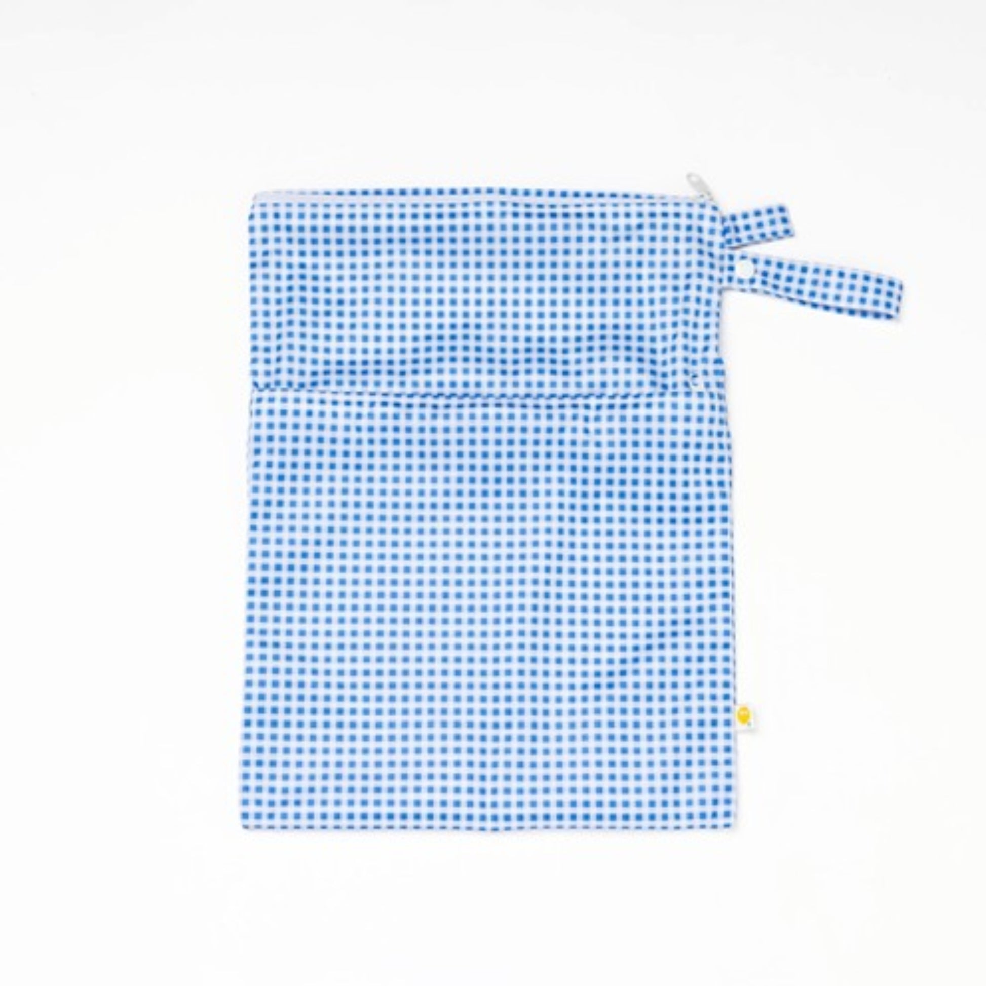 Waterproof baby travel wet bag in blue check print, featuring a secure zipper and snap pram loop.