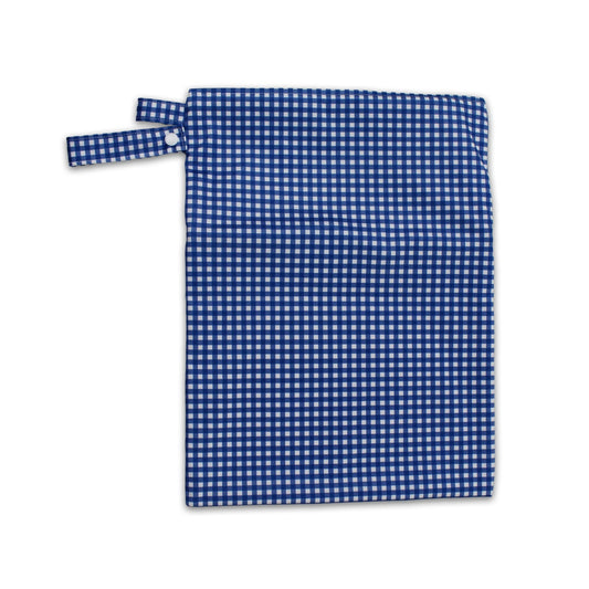Waterproof baby travel wet bag in blue check print, featuring a secure zipper and snap pram loop.