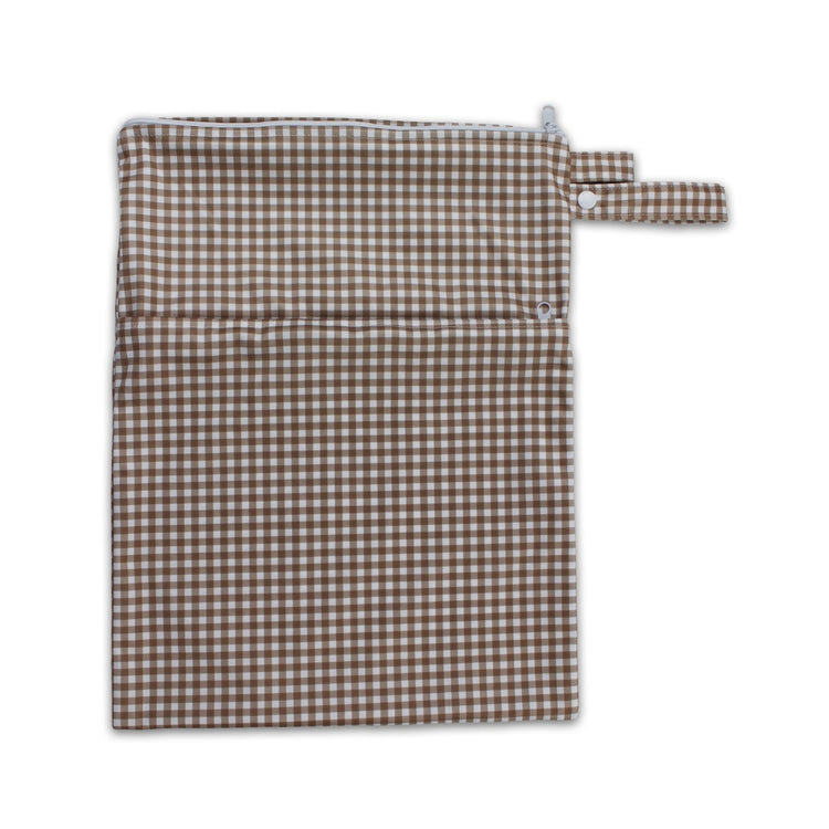Waterproof baby travel wet bag in fawn check print, featuring a secure zipper and snap pram loop.