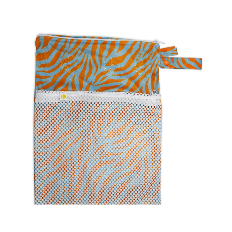Waterproof baby travel wet bag in Tiger blue orange print, featuring a secure zipper and snap pram loop.