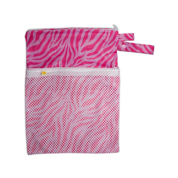 Waterproof baby travel wet bag in Tiger pink print, featuring a secure zipper and snap pram loop.