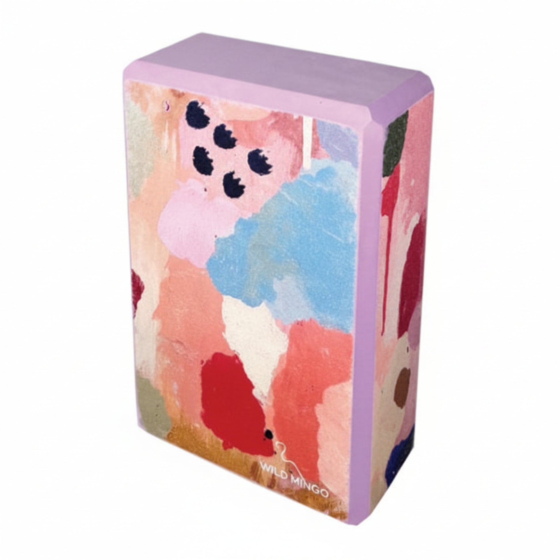 Eco-friendly recycled EVA foam yoga block by Wild Mingo featuring the modern Joy pattern print for home workouts.