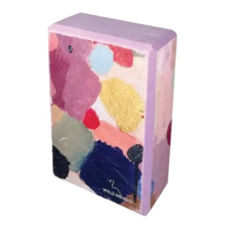 Eco-friendly recycled EVA foam yoga block by Wild Mingo featuring the modern Joy pattern print for home workouts. Back view.