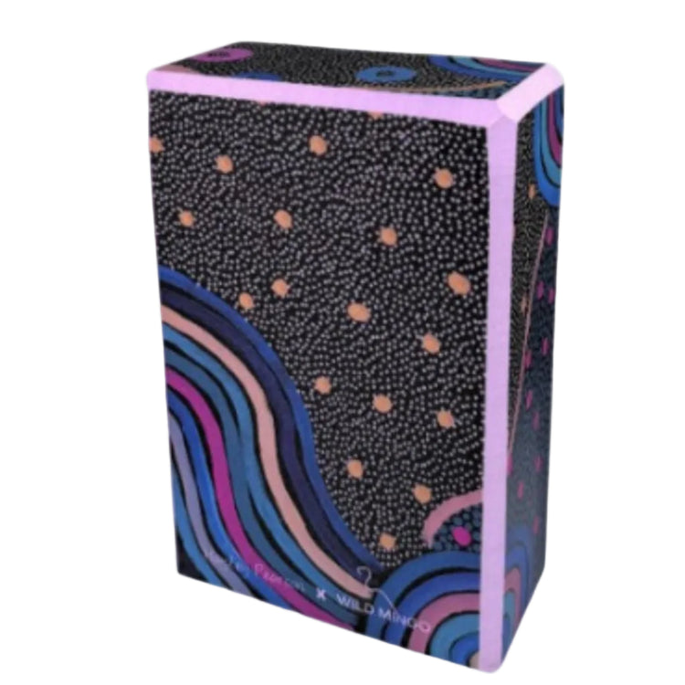 Lightweight recycled foam yoga block by Wild Mingo featuring the premium Oorunye artistic illustration style. Back view.