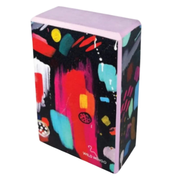 Eco-friendly recycled EVA foam yoga block by Wild Mingo featuring the modern Wild one pattern print for home workouts. Back view.