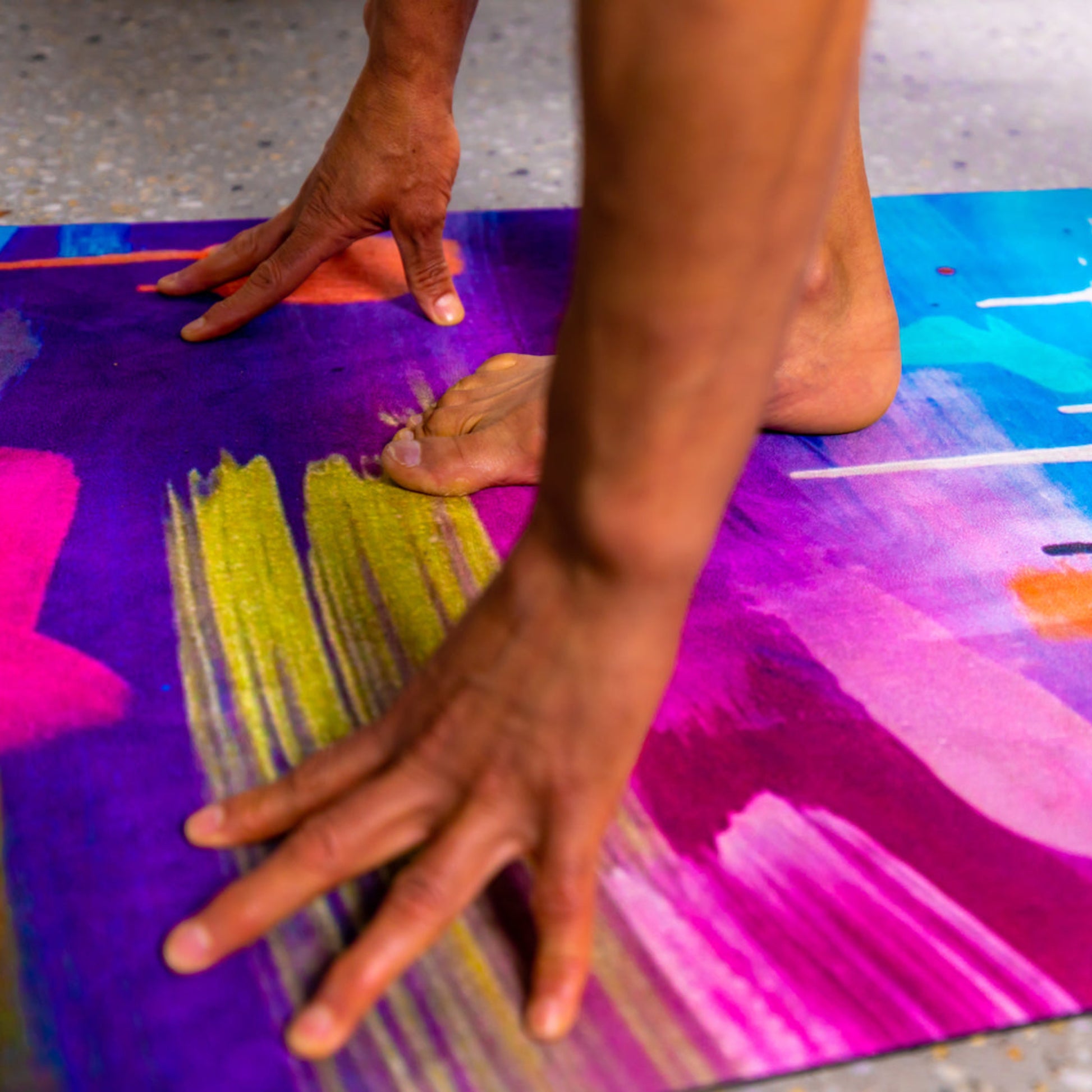 Wild Mingo printed eco-friendly yoga mat being used for stability and joint support during a home gym fitness routine.