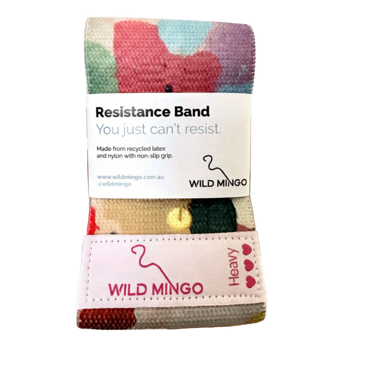 Eco friendly recycled fabric loop resistance band by Wild Mingo in the modern colourful Joy pattern print.