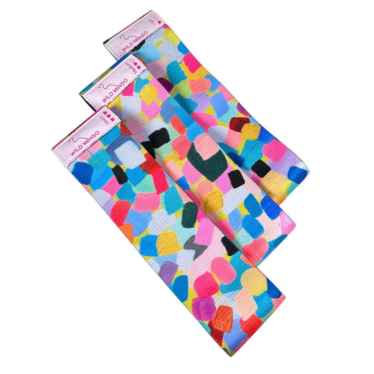 Eco-friendly recycled fabric resistance bands 3 pack by Wild Mingo in the modern colourful Confetti pattern print.