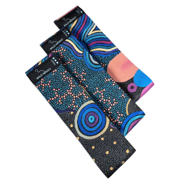 Non-slip fabric hip glute loop band set of three by Wild Mingo featuring the premium artistic Oorunye design style.