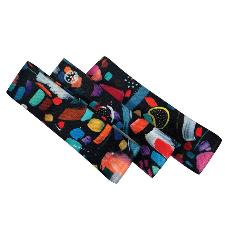 Wild Mingo set of 3 fabric resistance bands featuring Joy printed artwork. Complete light medium heavy loop pack in Australia.