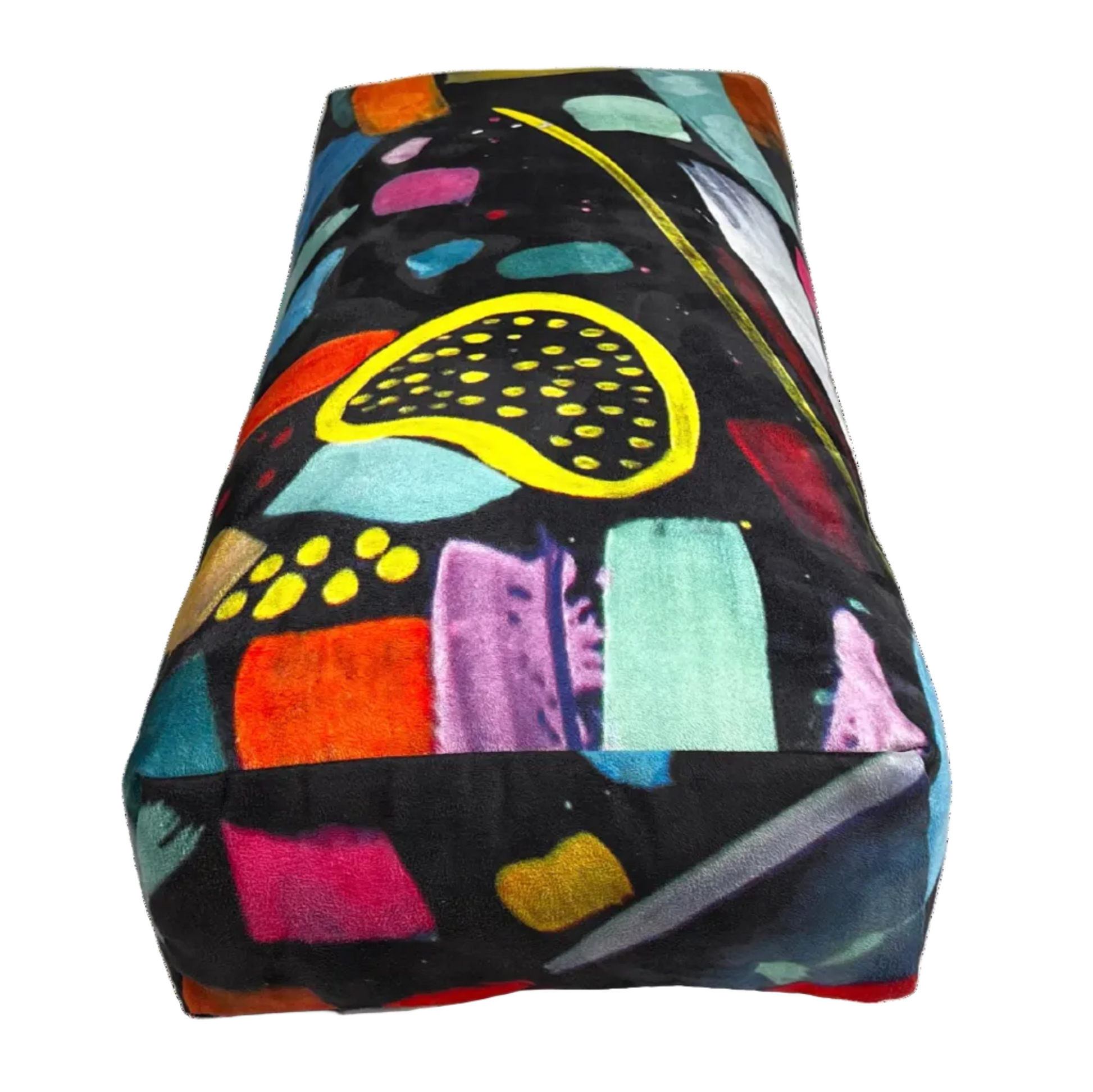 Wild Mingo premium yoga bolster in limited edition Wild One design. Recycled microsuede restorative prop in Australia. End view.