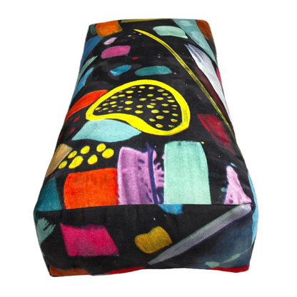 Wild Mingo premium yoga bolster in limited edition Wild One design. Recycled microsuede restorative prop in Australia. End view.