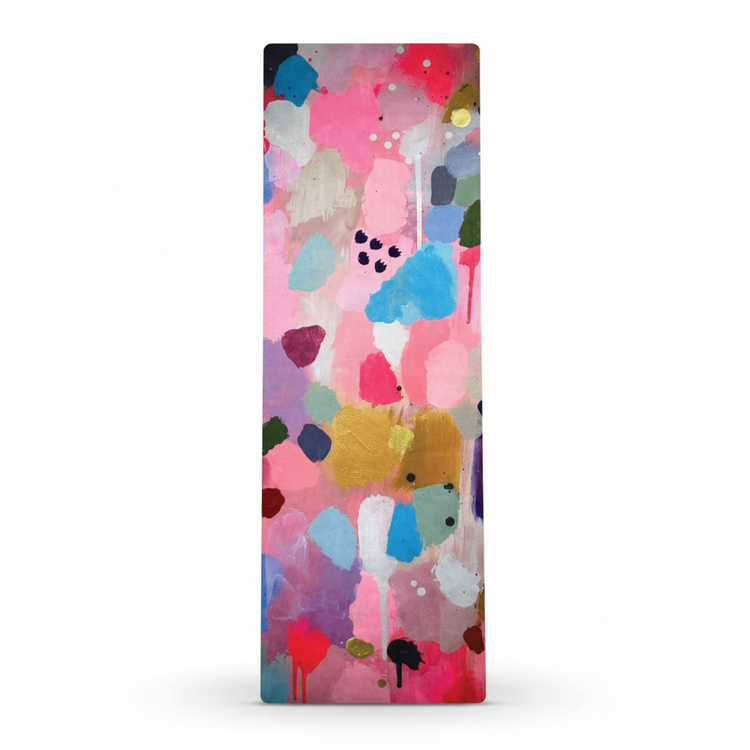 Eco-friendly recycled rubber yoga mat by Wild Mingo in the modern colourful Joy pattern print for Pilates.