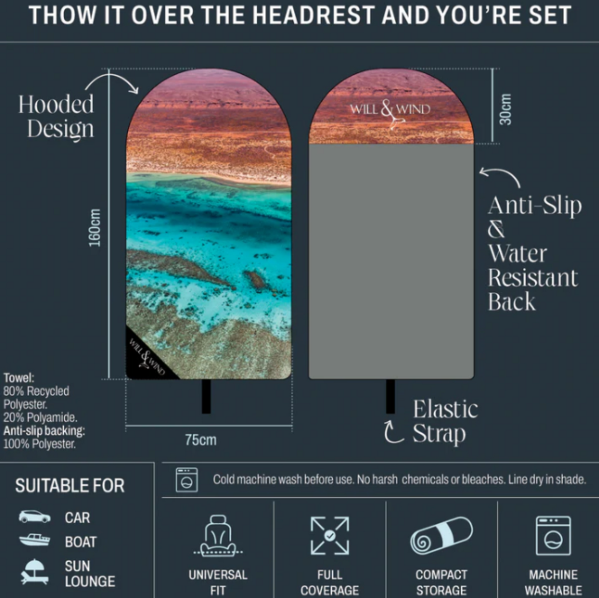 Size chart and installation guide diagram for the Will and Wind universal microfibre car seat towel protector range.