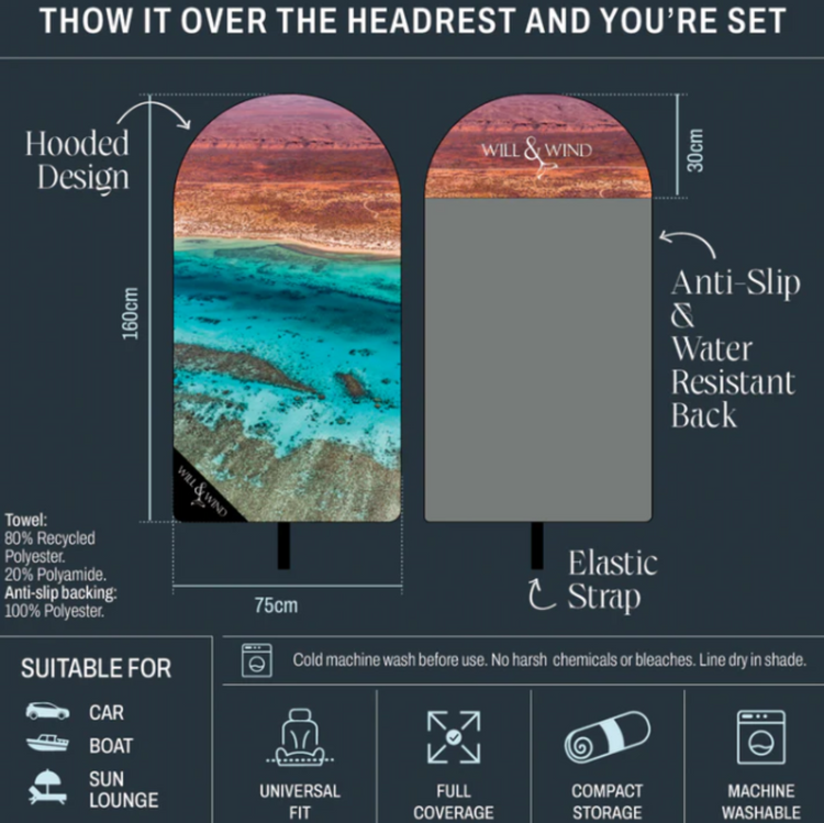 Size chart and installation guide diagram for the Will and Wind universal microfibre car seat towel protector range.